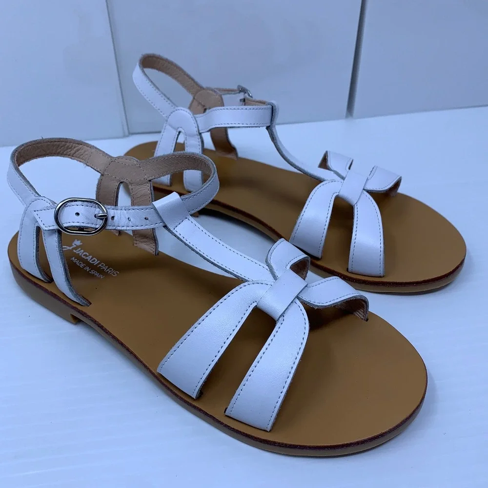 Jacadi Girls 35 (US Size 4) White Leather T-Strap Buckle Flat Sandals New